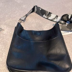 Black vegan leather purse with Camo silver and green strap